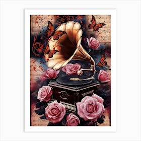 Gramophone And Roses Art Print