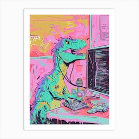 Dinosaur On The Computer Pastel Illustration Art Print