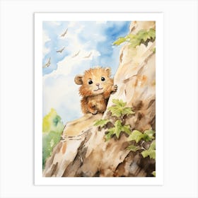 Rock Climbing Watercolour Lion Art Painting 1 Art Print