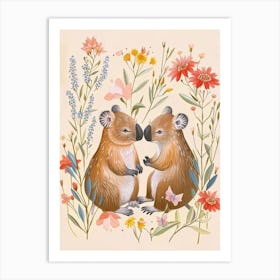 Folksy Floral Animal Drawing Wombat 4 Art Print