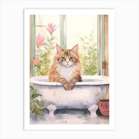 Turkish Cat In Bathtub Botanical Bathroom 1 Art Print