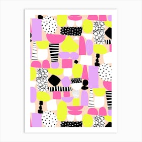 Purple, Pink, Yellow, Peach Paper Cut Out and Doodle Mod Art Collage Art Print