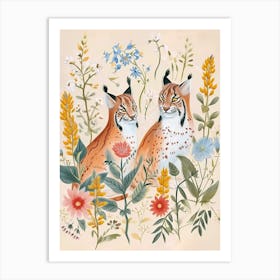Folksy Floral Animal Drawing Bobcat 4 Art Print