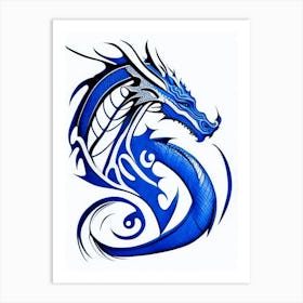 Dragon Symbol Blue And White Line Drawing Art Print