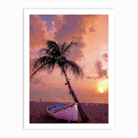 Boat On The Beach Near The Palm Tree Oil Painting Landscape Art Print