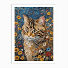 Klimt Style Wild Tabby Cat in Garden Flowers Painting - Gustav Klimt Money Waterlillies Acrylic Feature Gallery Wall HD Art Print