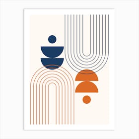 Mid Century Modern Geometric Abstract Rainbow, Sun and Moon Phases in Navy Blue Classy Burnt Orange 1 Art Print
