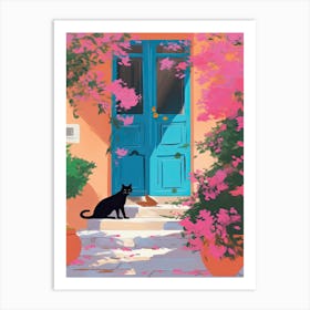 Black Cat Mediterranean Blue Door Art Print