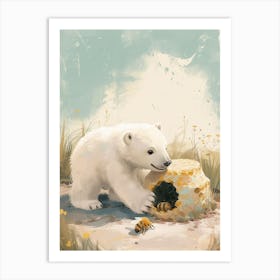 Polar Bear Cub Playing With A Beehive Storybook Illustration 4 Art Print
