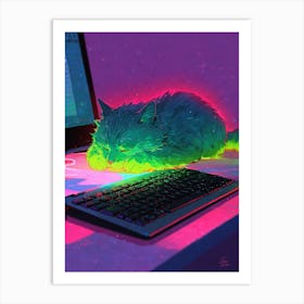 Cat Sleeping On A Computer Art Print