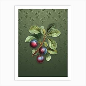 Vintage Cherry Plum Botanical on Lunar Green Pattern Art Print