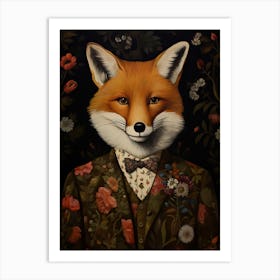 Fox Portrait With Rustic Flowers 0 Art Print