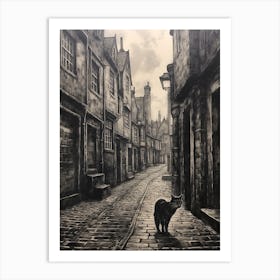 A Black Cat Wandering The Smoky Medieval Cobbled Streets Art Print