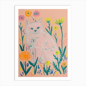 Cute Kitty Cat With Flowers Illustration 2 Art Print