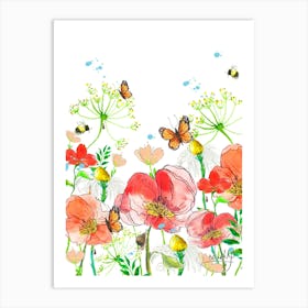 Poppies And Bees 1 Art Print