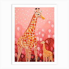 Giraffe & Calf Pink 2 Art Print