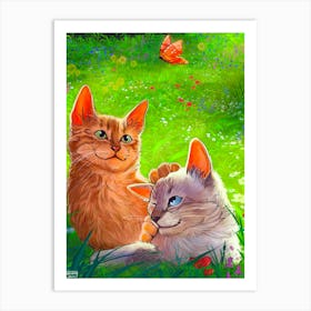 two cats laying on grass Art Print