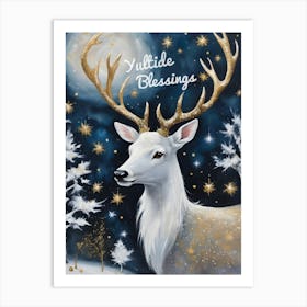 Yuletide Blessings Stag by Sarah Valentine ~ Blessed Yule Christmas Xmas Greetings Gold and Stars Winter Fae Animals Snow Scene Art Print