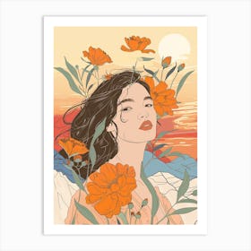 Asian Girl In Flowers Art Print