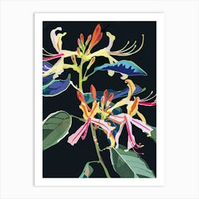 Neon Flowers On Black Honeysuckle 3 Art Print