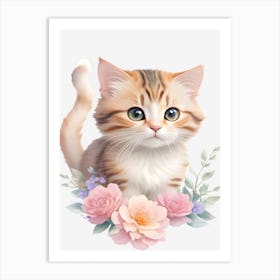 Cute Kitten With Flowers Art Print