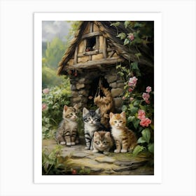 Cute Cats In Front Of A Medieval Cottage 2 Art Print