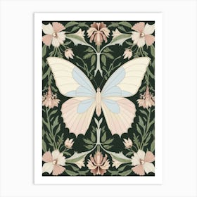 Butterfly On A Green Background Style William Morris Art Print