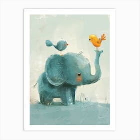 Small Joyful Elephant With A Bird On Its Head 13 Art Print