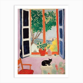 Open Window Orange With A Black Cat Art Print