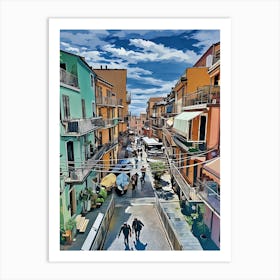 Vibrant Italian Alleyway. A lively, colorful street scene of a traditional Italian alleyway, capturing the charm of pastel-colored buildings, balconies adorned with plants, and a bustling atmosphere under a bright blue sky. The narrow street is filled with people strolling, giving a sense of warmth and community. Art Print