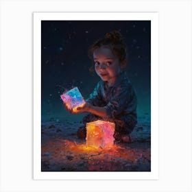 Little Girl Playing With Colorful Cubes Art Print