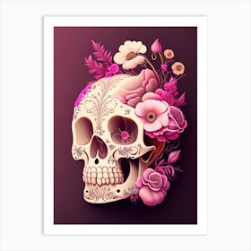 Skull With Intricate Henna Designs 1 Pink Vintage Floral Art Print