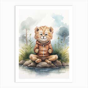 Meditating Watercolour Lion Art Painting 1 Art Print