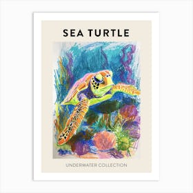 Rainbow Underwater Sea Turtle Crayon Scribble Poster 1 Art Print