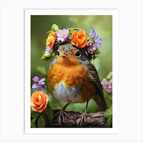 Robin With Flower Crown Art Print