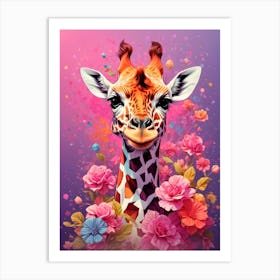 Giraffe With Flowers Art Print