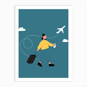 Woman With Suitcase And Airplane Art Print