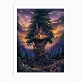 Tree House At Night Art Print