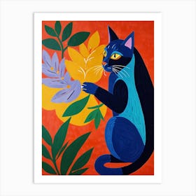 Blue Cat With Flowers Art Print