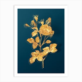 Vintage Pink Agatha Rose Botanical in Gold on Teal Blue n.0352 Art Print