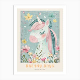 Storybook Style Unicorn & Flowers Pastel 2 Poster Art Print