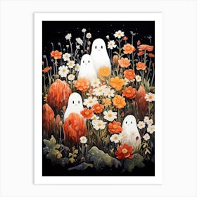 Cute Bedsheet Ghost, Botanical Halloween Watercolour 25 Art Print