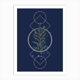 Vintage Common Juniper Botanical with Geometric Line Motif and Dot Pattern Art Print
