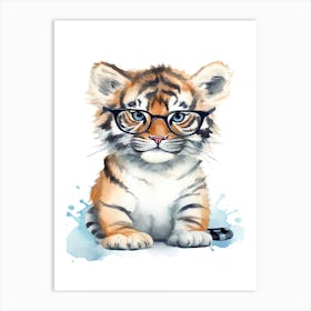 Smart Baby Tiger Wearing Glasses Watercolour Illustration 1 Art Print