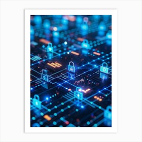 Digital Grid With Glowing Lock Icons And Data Streams Representing Cybersecurity Art Print