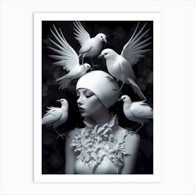 Woman With Birds On Her Head Art Print