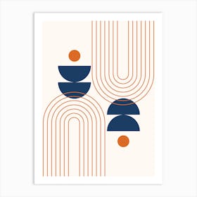 Mid Century Modern Geometric Rainbow, Sun and Moon Phases Abstract in Navy Blue Orange Theme Art Print