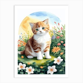 Cute Kitten And Flowers Watercolor 6 Art Print