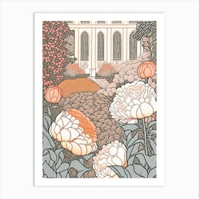 Courtyard With Peonies Orange And Pink 2 Drawing Art Print
