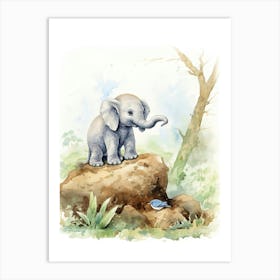 Elephant Painting Birdwatching Watercolour 4 Art Print